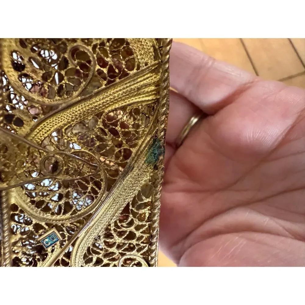 Vintage miniature‎ filigree gold tone chest trunk collectible jewelry box